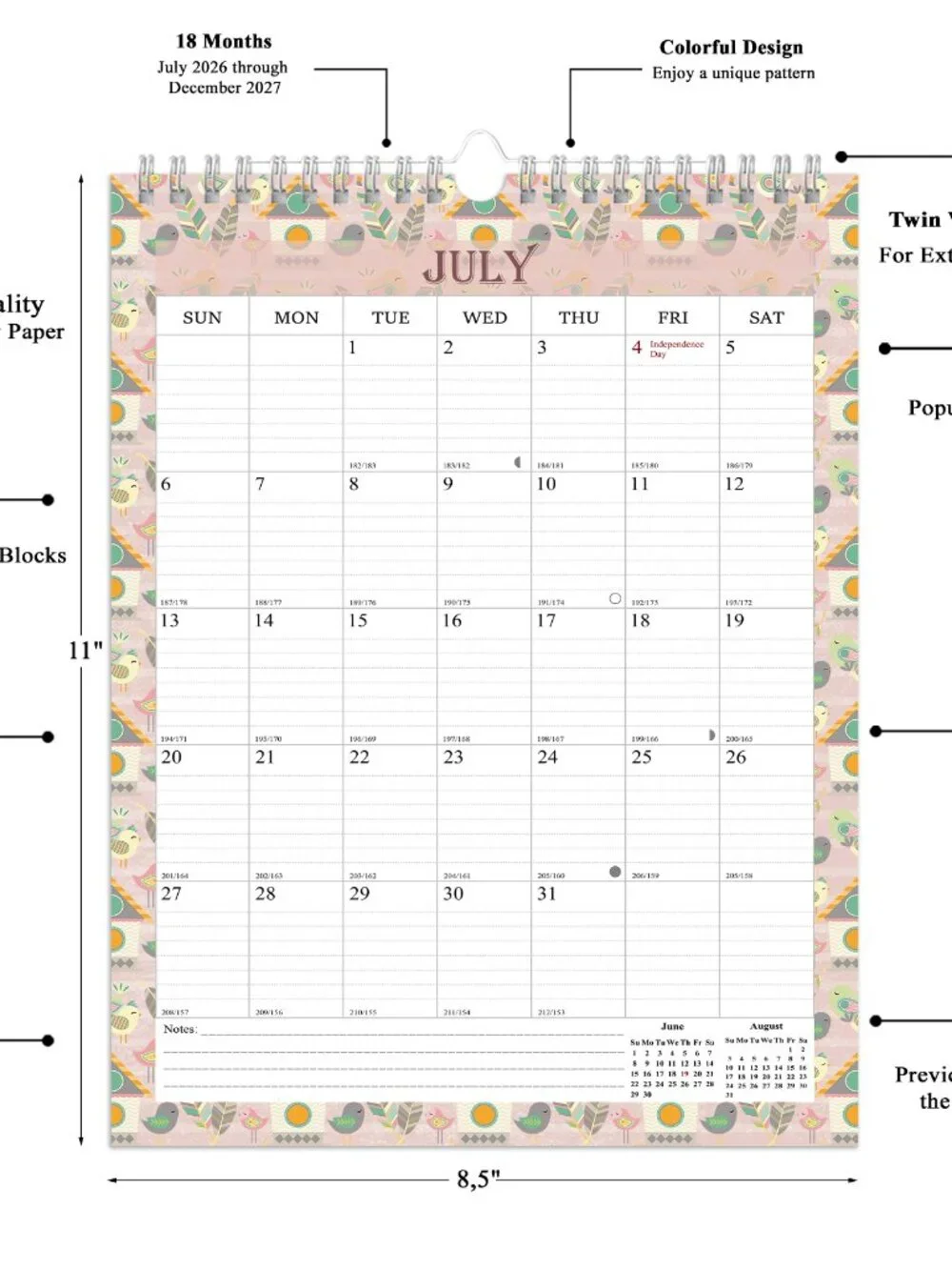2026-2027 Wall Calendar Spiral-bound Twin-Wire Binding - 18 Months 8.5